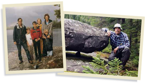 Above: Fred, Eleanor and the kids on a family trip to the Boundary Waters. Above right: Fred and Dolmen stones near Lake Lujenida. Photos courtesy the Winston Family.