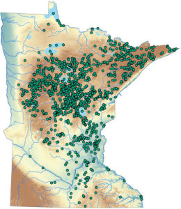 2008 Distribution of Wild Rice Lakes in Minnesota. Map courtesy of the MN Department of Natural Resources.